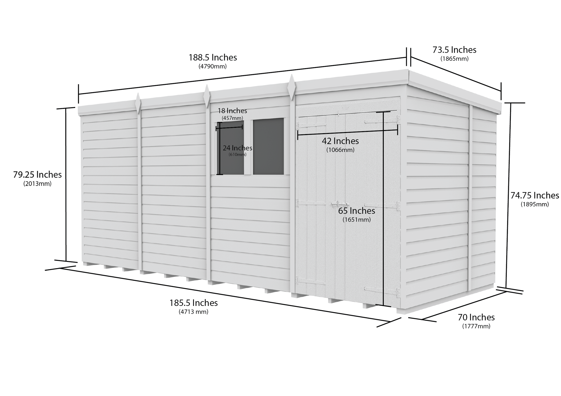 16 x 6 Pent Shed (Double Door, With Windows) - view 3