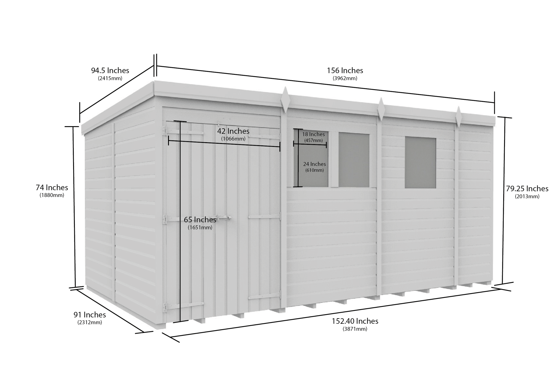 13 x 8 Pent Shed (Double Door, With Windows) - view 3