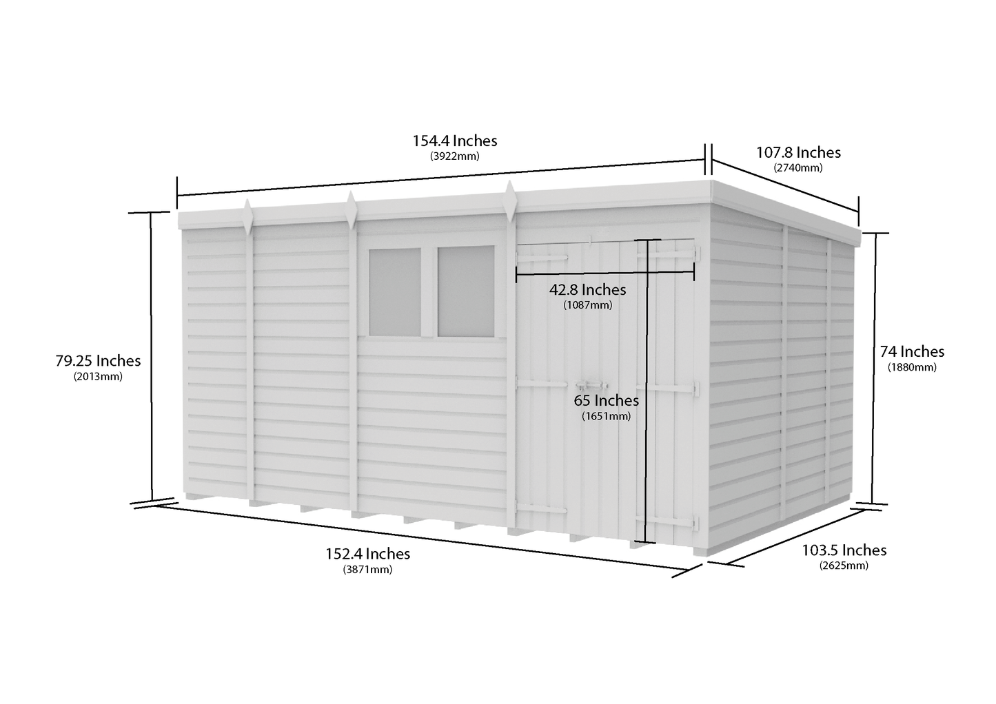 13 x 9 Pent Shed (Double Door, With Windows) - view 3