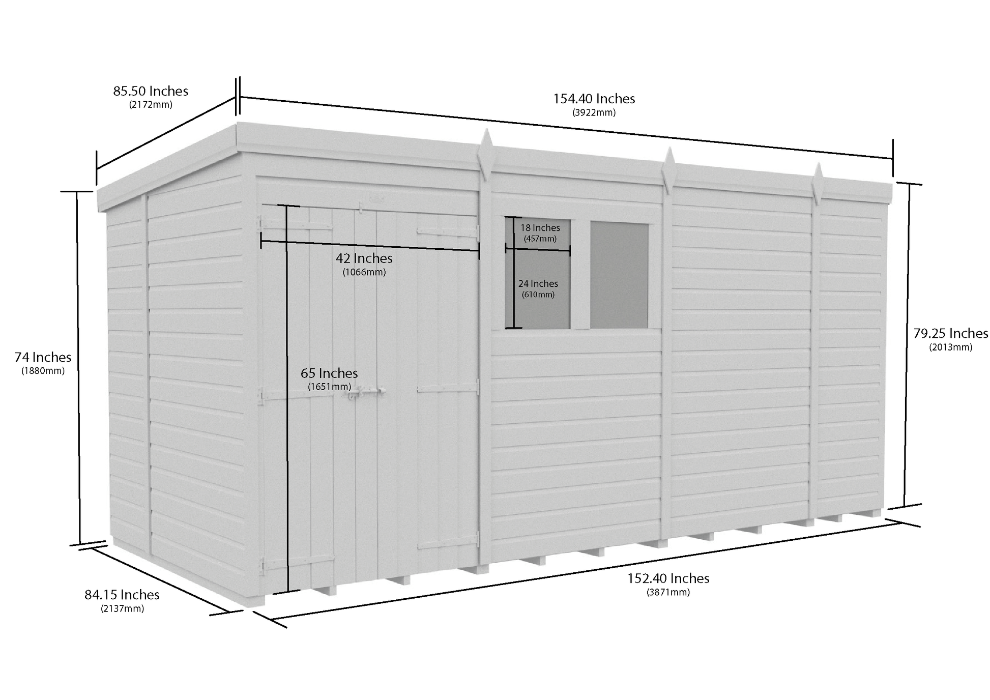 13 x 7 Pent Shed (Double Door, With Windows) - Pent Shed