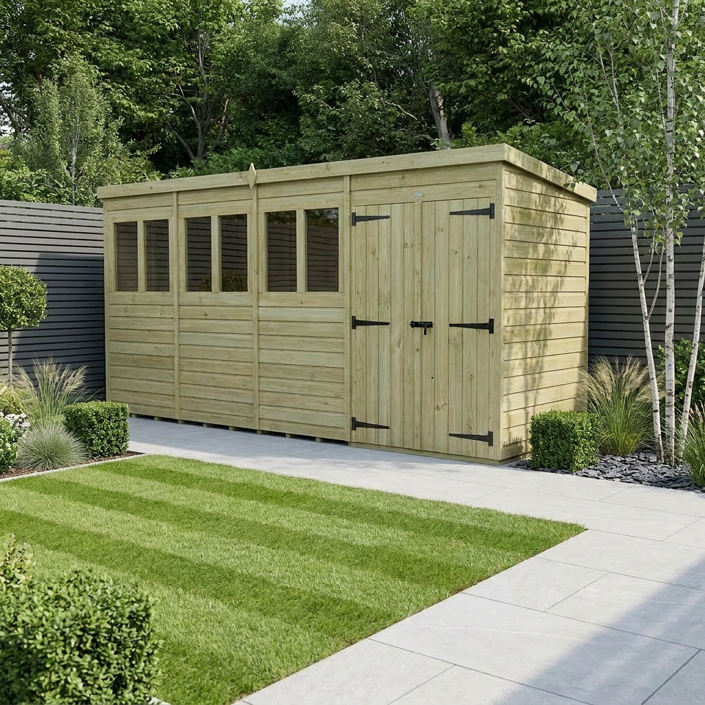 15 x 6 Pent Shed (Double Door, With Windows) - Pent Shed