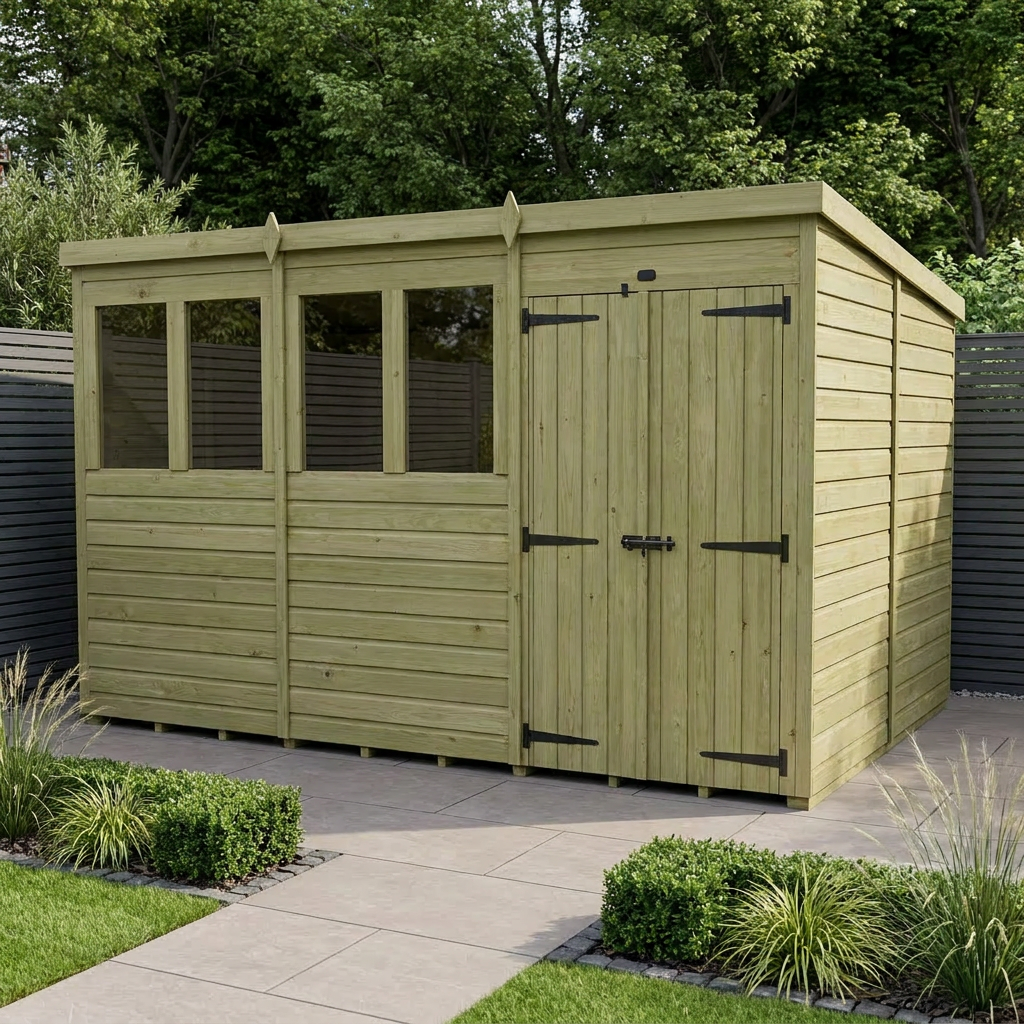 12 x 8 Pent Shed (Double Door, With Windows) - Pent Shed