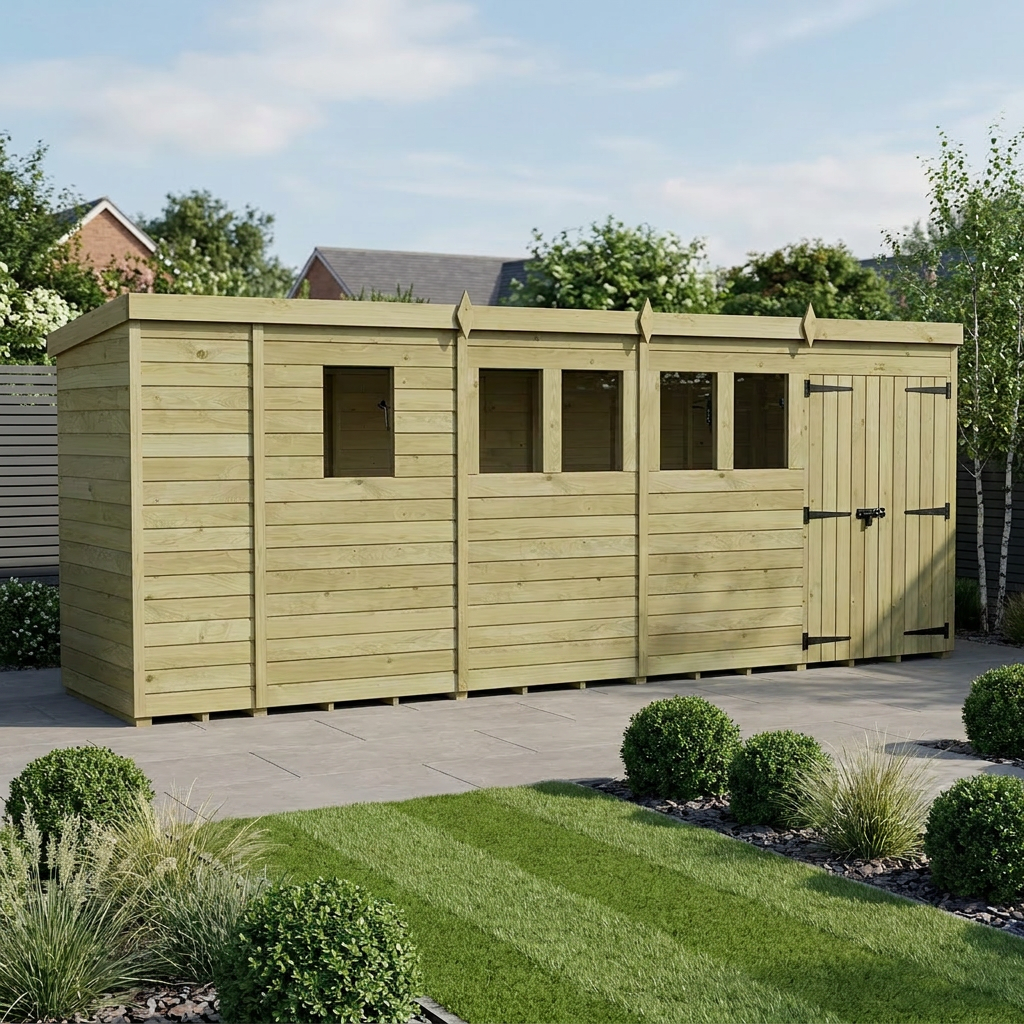 17 x 4 Pent Shed (Double Door, With Windows) - Pent Shed