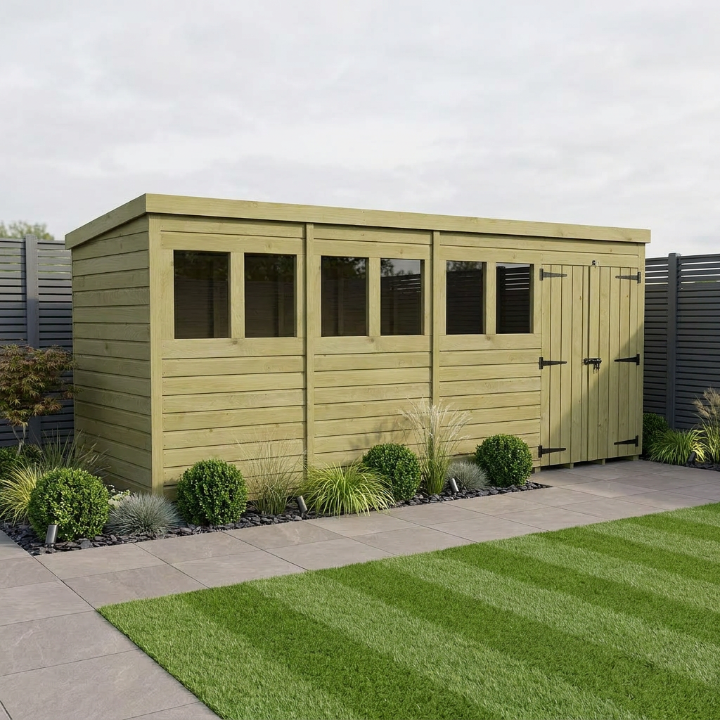 18 x 4 Pent Shed (Double Door, With Windows) - Pent Shed