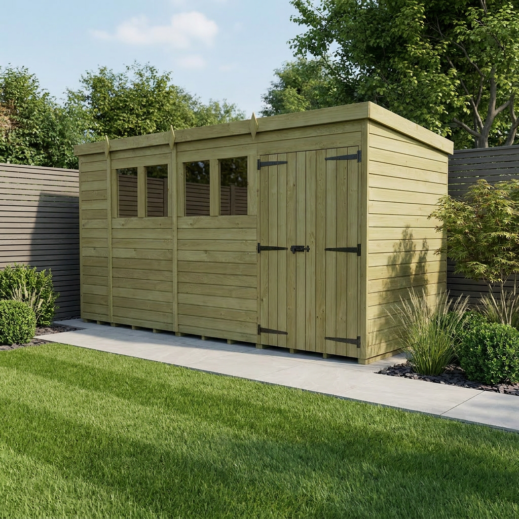 14 x 4 Pent Shed (Double Door, With Windows) - view 2