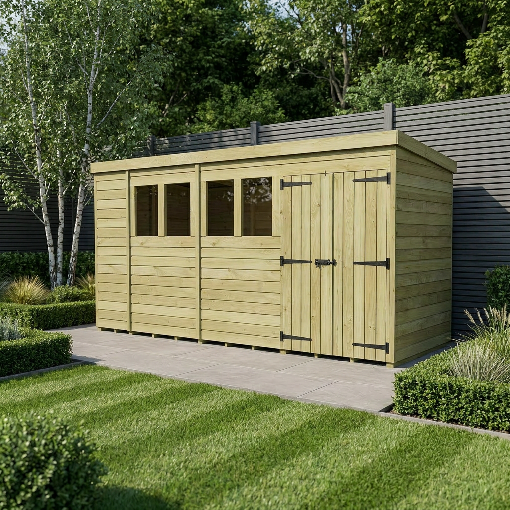 15 x 4 Pent Shed (Double Door, With Windows) - Pent Shed
