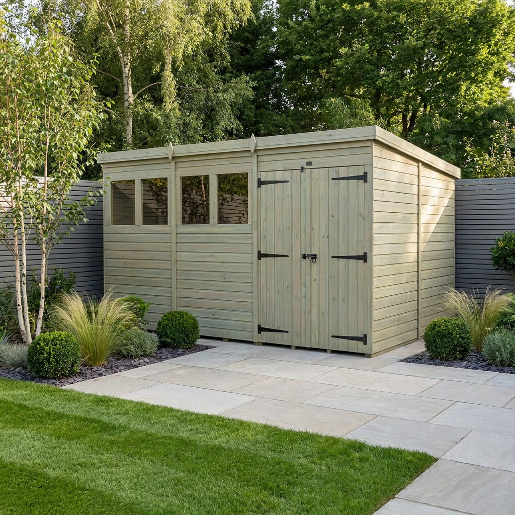 12 x 9 Pent Shed (Double Door, With Windows) - view 2