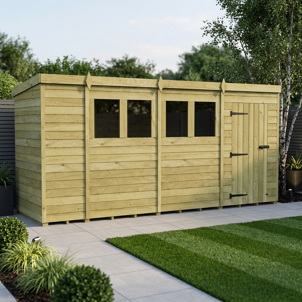 14 x 4 Pent Shed (Single Door, With Windows) - Pent Shed
