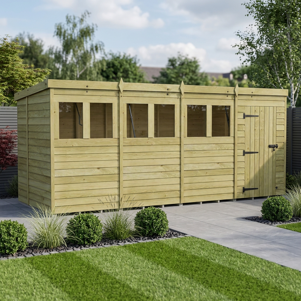 16 x 6 Pent Shed (Single Door, With Windows) - Pent Shed