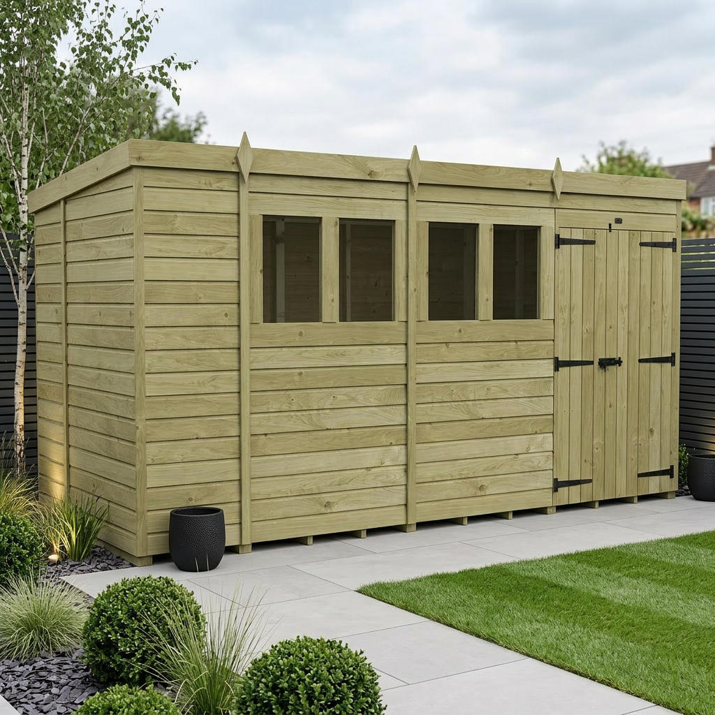 14 x 5 Pent Shed (Double Door, With Windows) - view 2