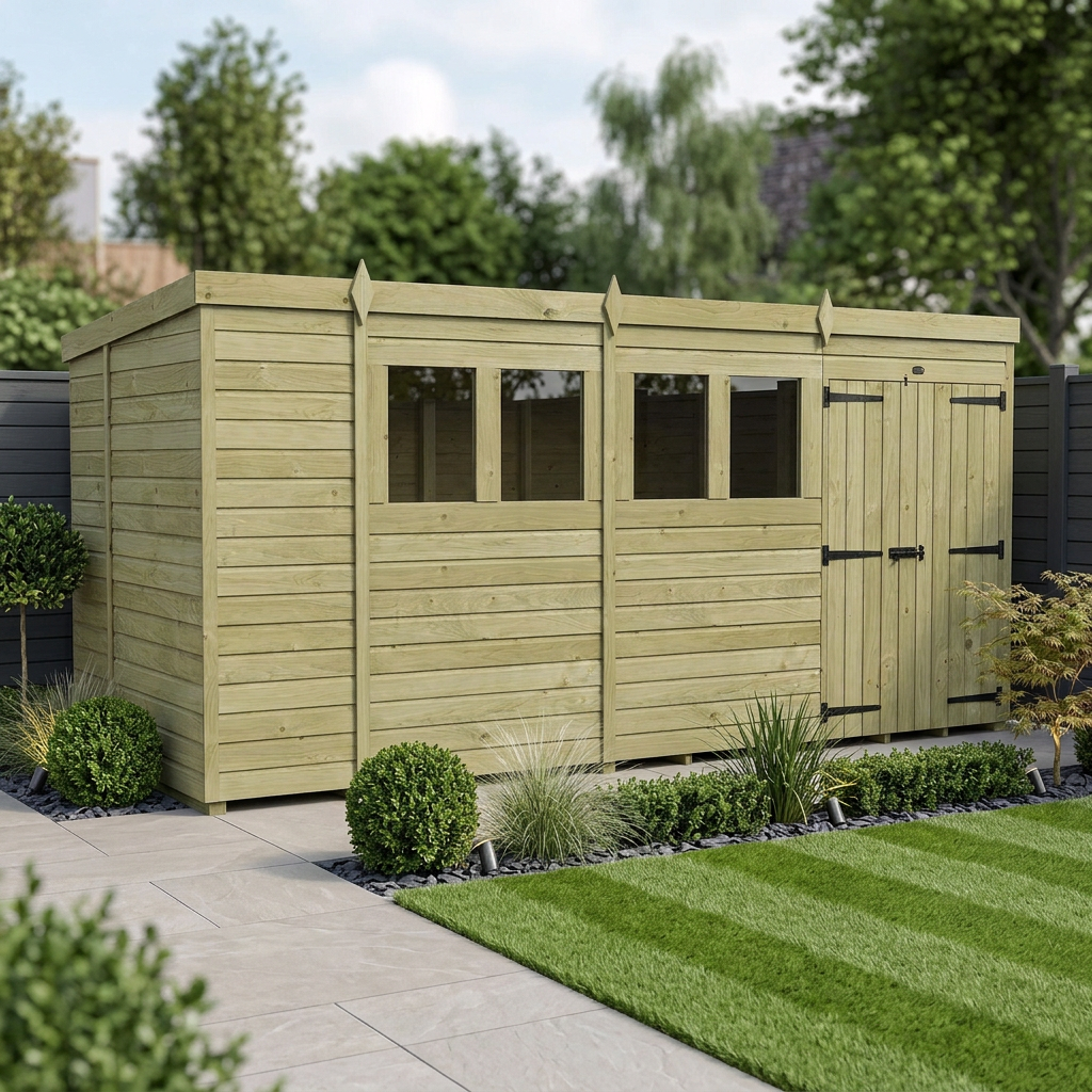 13 x 6 Pent Shed (Double Door, With Windows) - view 3