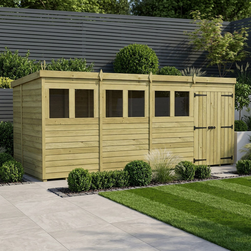16 x 6 Pent Shed (Double Door, With Windows) - Pent Shed