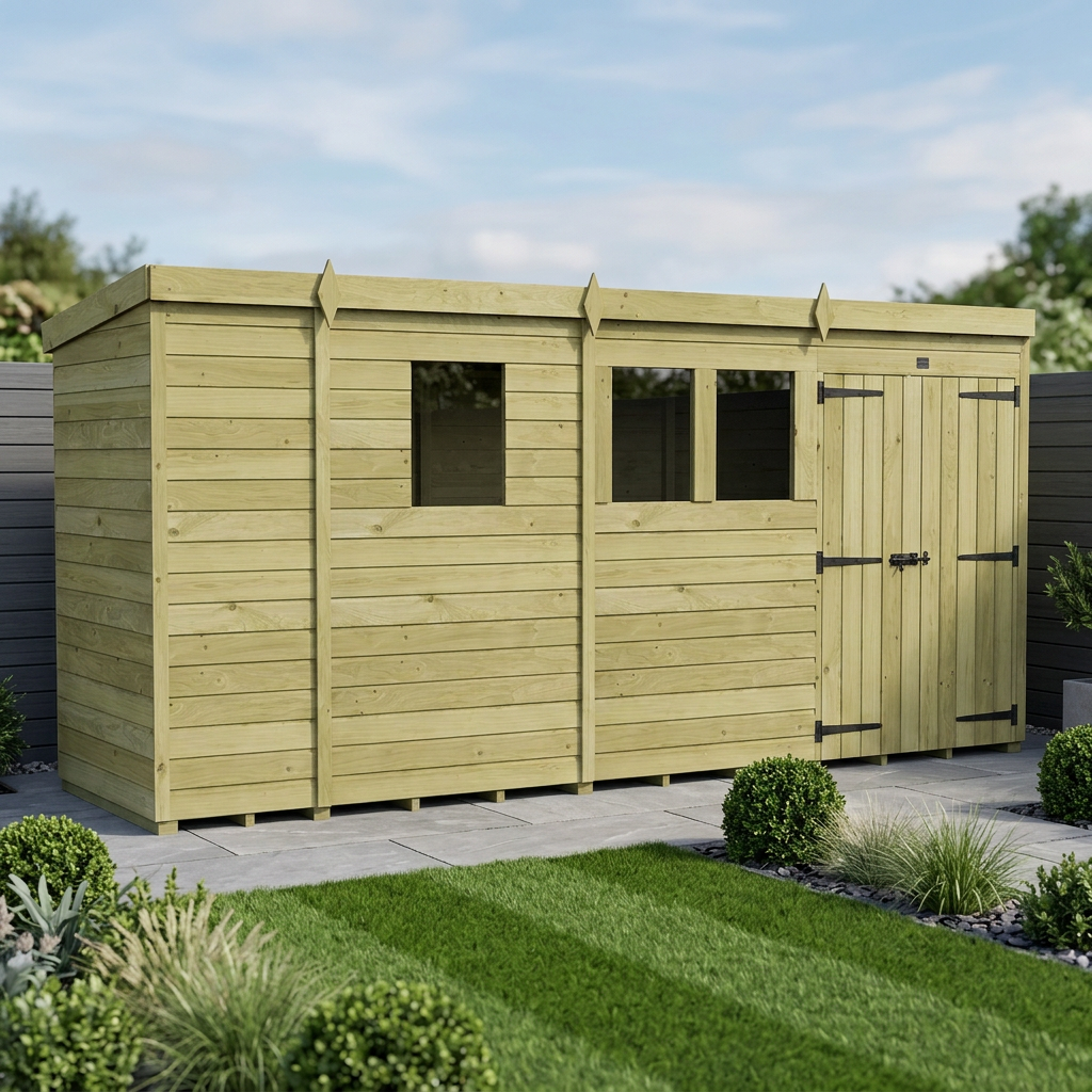 13 x 4 Pent Shed (Double Door, With Windows) - view 2