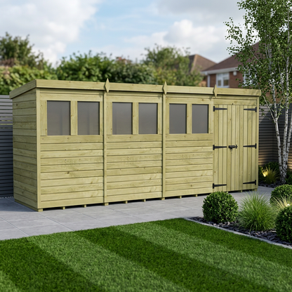16 x 4 Pent Shed (Double Door, With Windows) - view 2