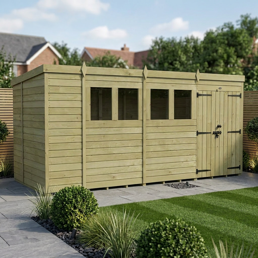 14 x 6 Pent Shed (Double Door, With Windows) - view 2