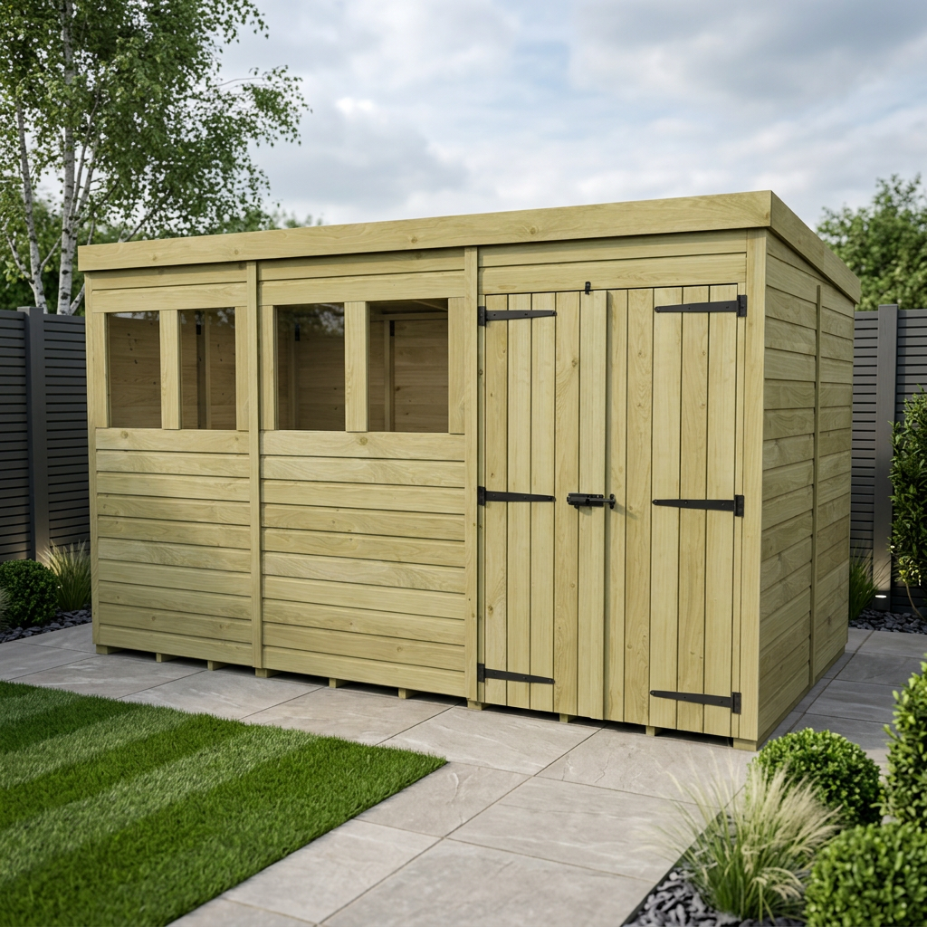16 x 7 Pent Shed (Double Door, With Windows) - view 3