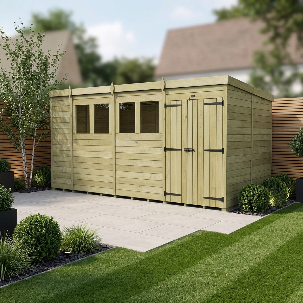 14 x 7 Pent Shed (Double Door, With Windows) - view 2