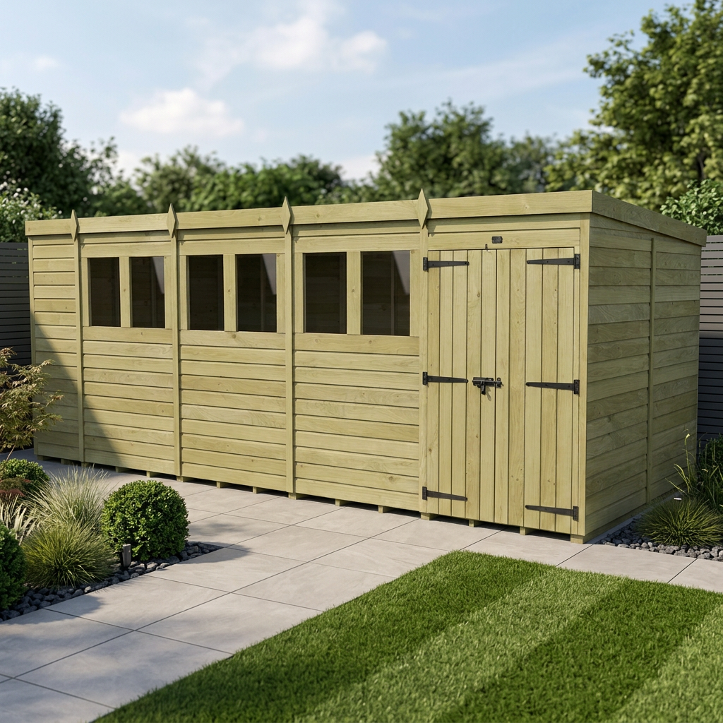 19 x 7 Pent Shed (Double Door, With Windows) - view 2