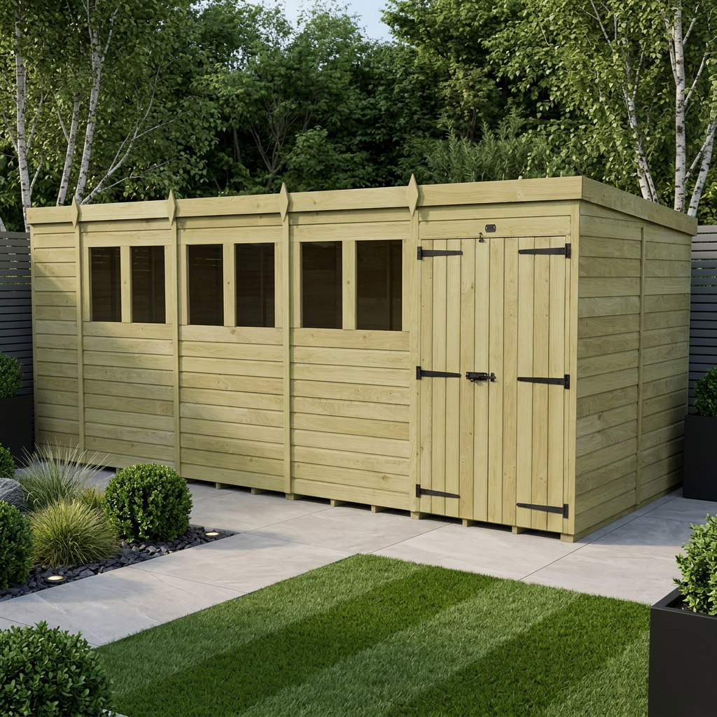19 x 8 Pent Shed (Double Door, With Windows) - view 2