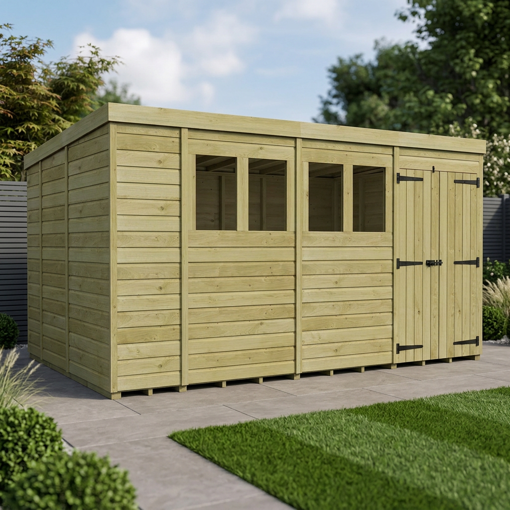 14 x 9 Pent Shed (Double Door, With Windows) - Pent Shed