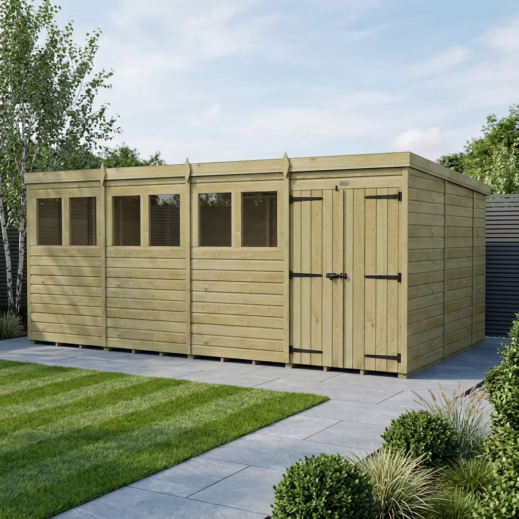16 x 10 Pent Shed (Double Door, With Windows) - Pent Shed