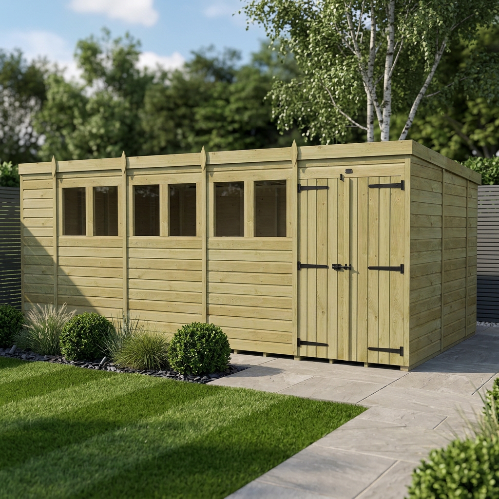 18 x 10 Pent Shed (Double Door, With Windows) - Pent Shed