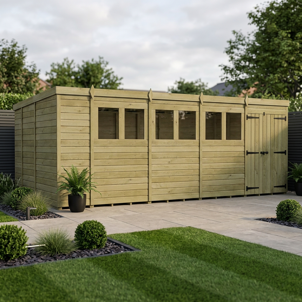 18 x 9 Pent Shed (Double Door, With Windows) - Pent Shed