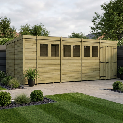 18 x 9 Pent Shed (Double Door, With Windows) - Pent Shed