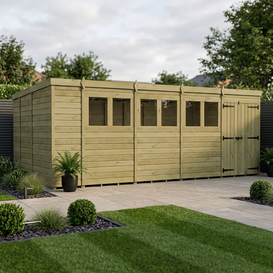 18 x 9 Pent Shed (Double Door, With Windows) - Pent Shed