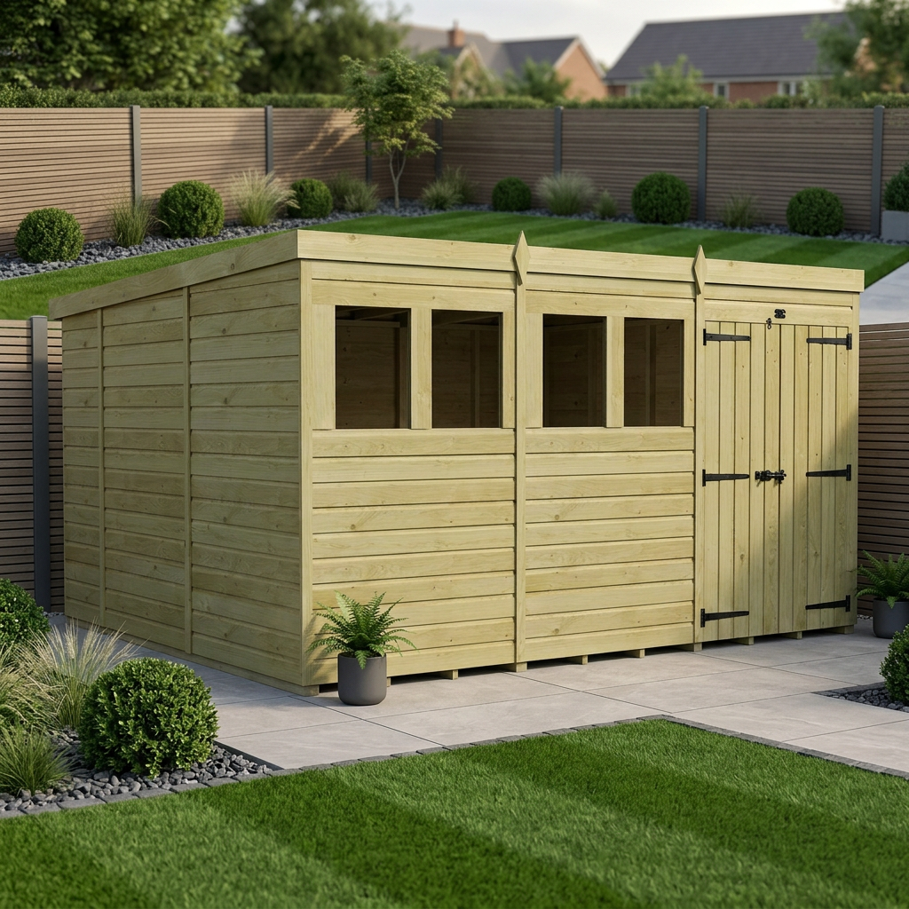 12 x 10 Pent Shed (Double Door, With Windows) - Pent Shed