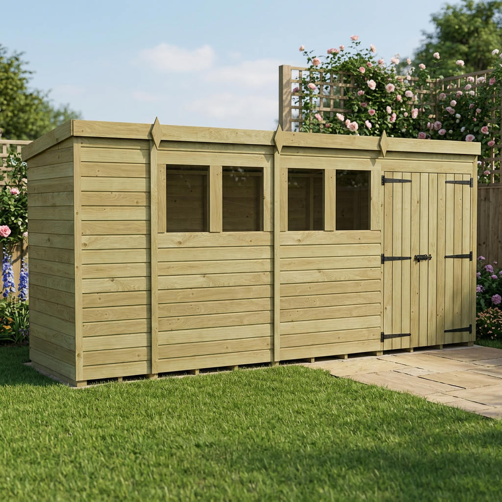 14 x 4 Pent Shed (Double Door, With Windows) - view 5