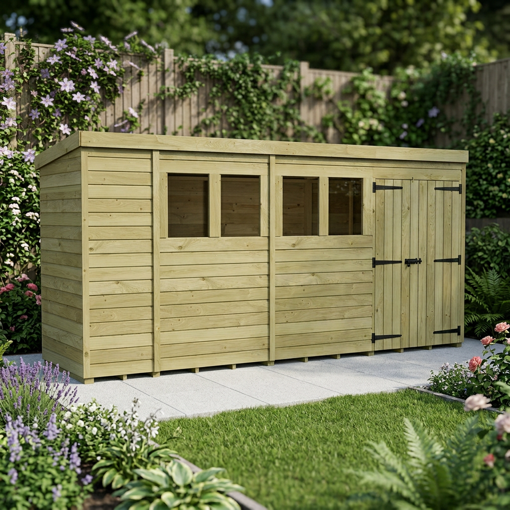 15 x 4 Pent Shed (Double Door, With Windows) - view 6