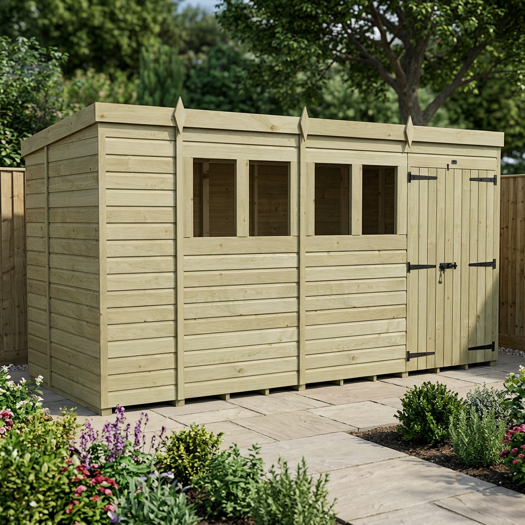 14 x 5 Pent Shed (Double Door, With Windows) - view 5