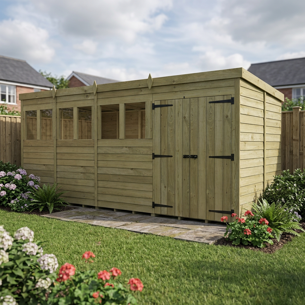 16 x 5 Pent Shed (Double Door, With Windows) - view 5