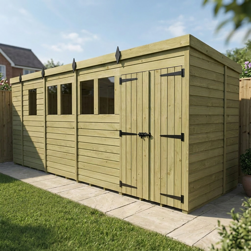 17 x 5 Pent Shed (Double Door, With Windows) - view 6