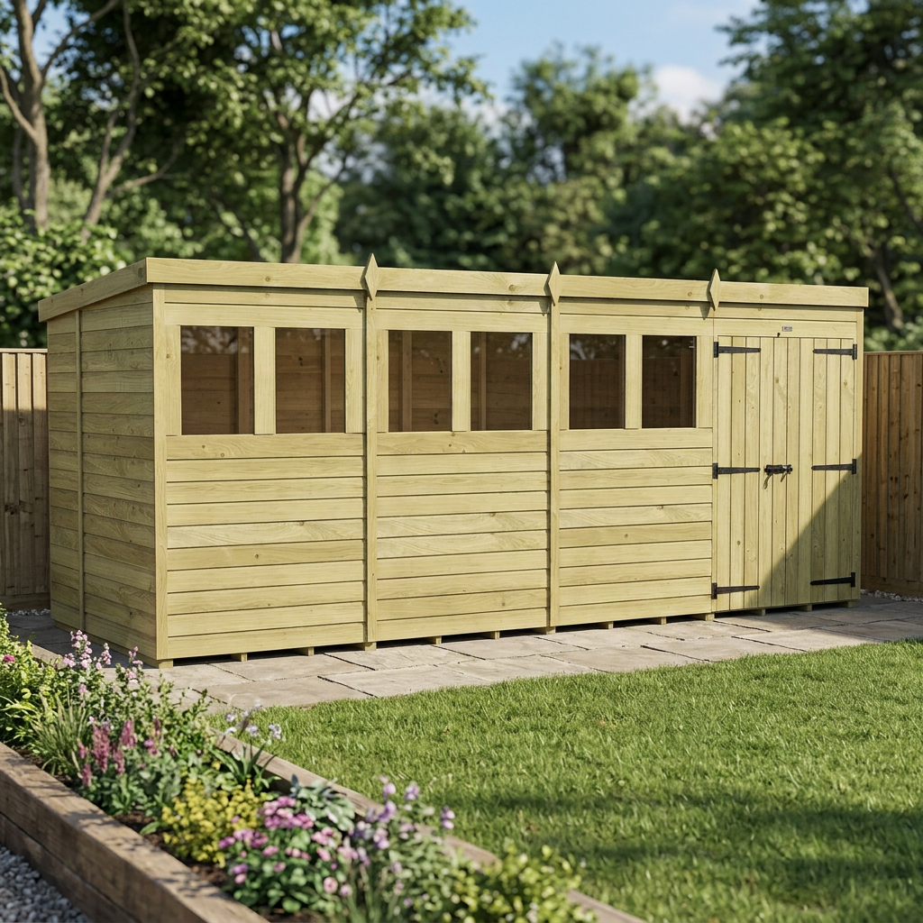 16 x 6 Pent Shed (Double Door, With Windows) - view 5