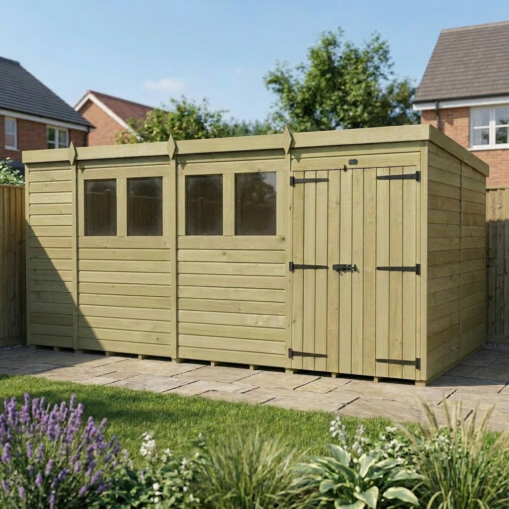 14 x 7 Pent Shed (Double Door, With Windows) - view 5