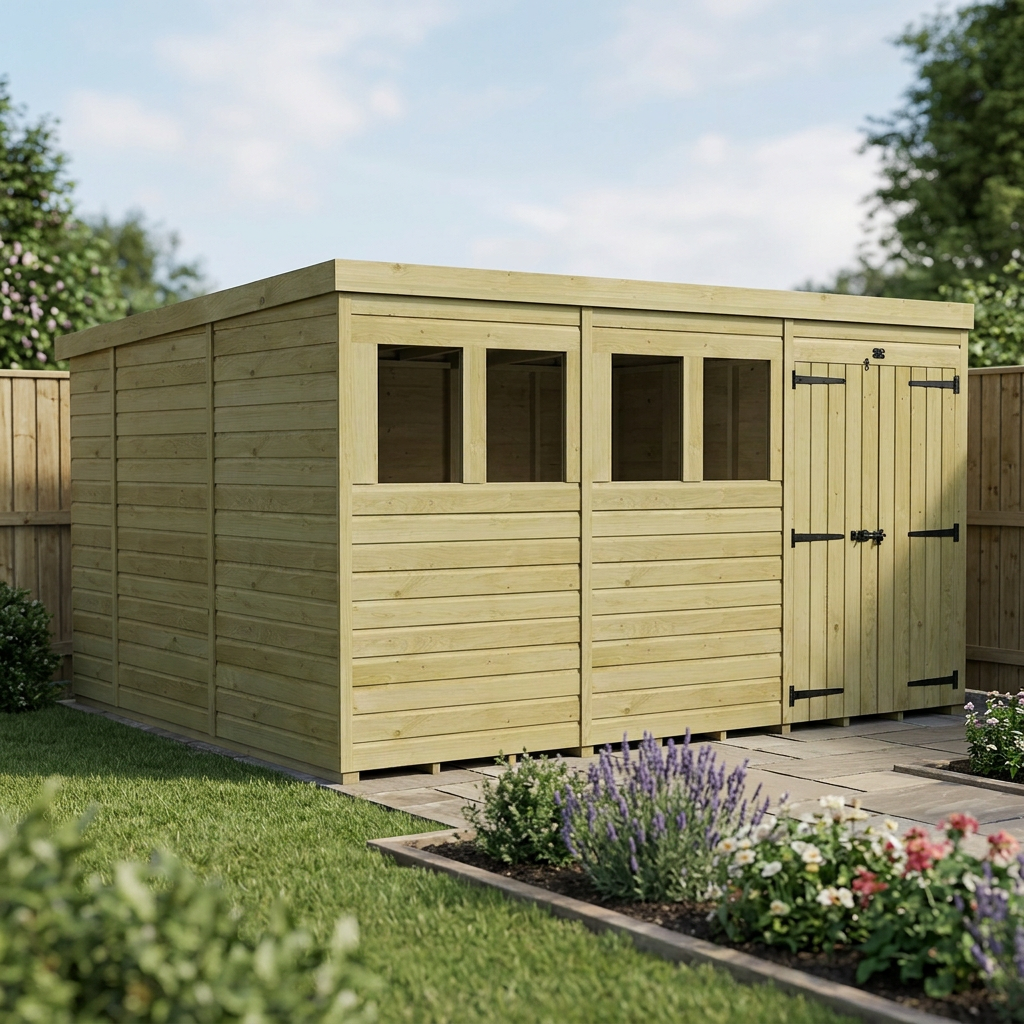 12 x 10 Pent Shed (Double Door, With Windows) - view 3