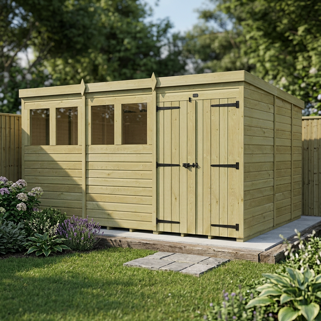12 x 9 Pent Shed (Double Door, With Windows) - view 3