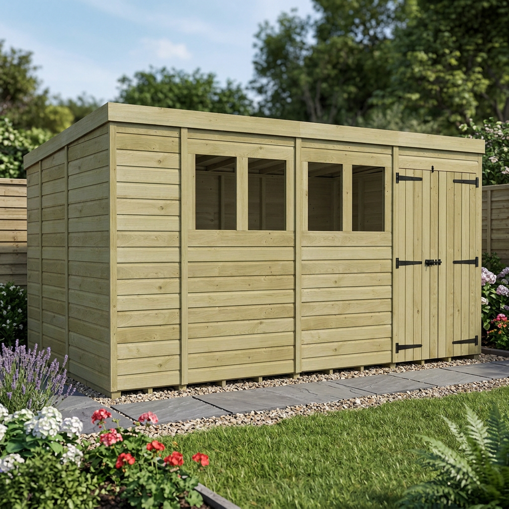 14 x 9 Pent Shed (Double Door, With Windows) - view 5