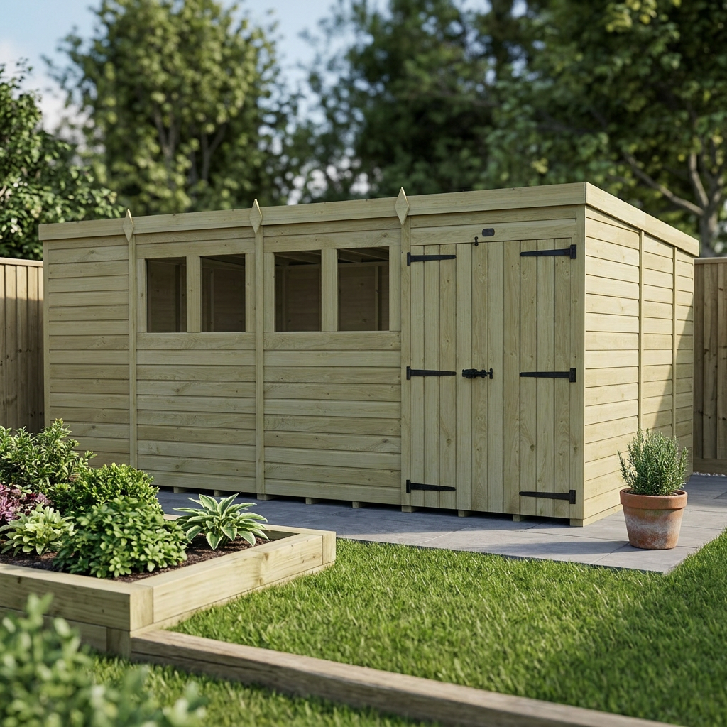 15 x 9 Pent Shed (Double Door, With Windows) - view 5