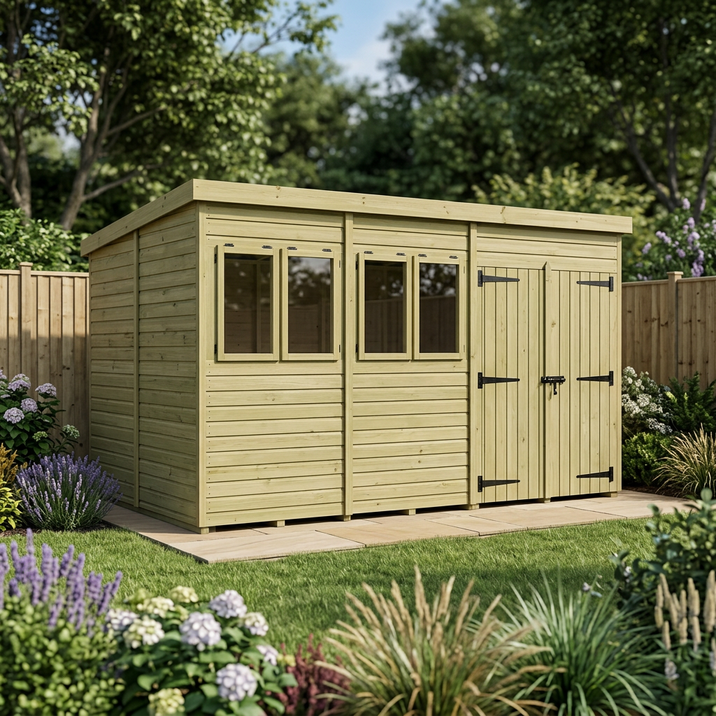 19 x 9 Pent Shed (Double Door, With Windows) - view 3