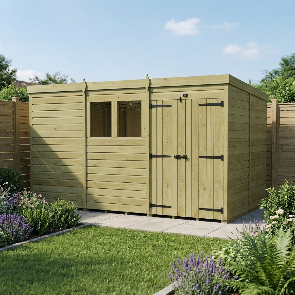 13 x 10 Pent Shed (Double Door, With Windows) - view 3