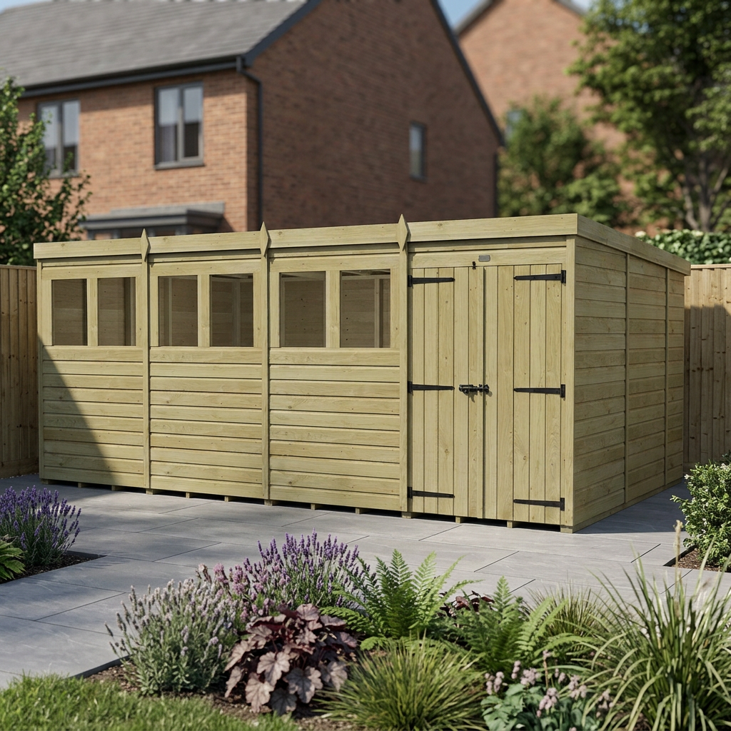 16 x 10 Pent Shed (Double Door, With Windows) - view 3