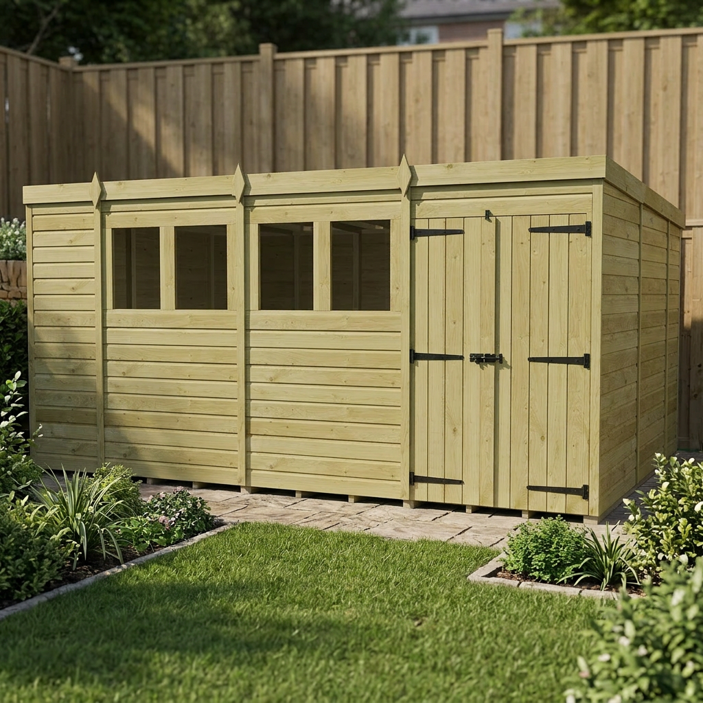 14 x 10 Pent Shed (Double Door, With Windows) - view 4