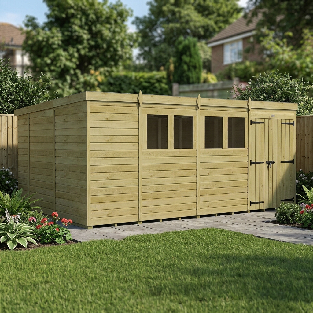 15 x 10 Pent Shed (Double Door, With Windows) - view 4