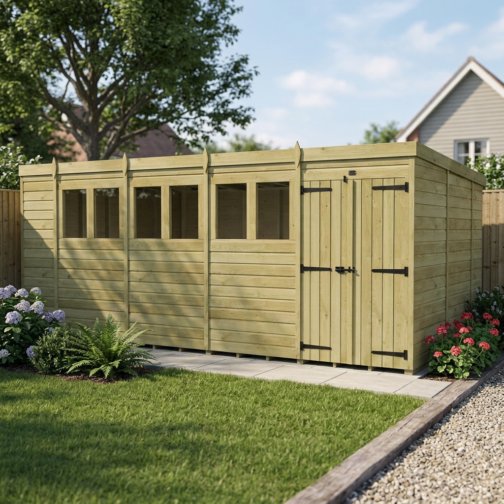 18 x 10 Pent Shed (Double Door, With Windows) - view 3
