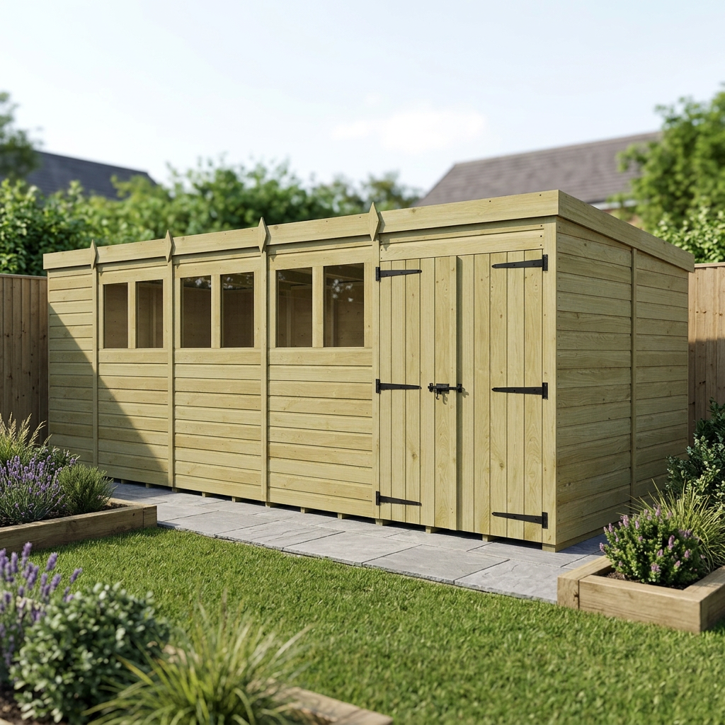 19 x 10 Pent Shed (Double Door, With Windows) - view 3