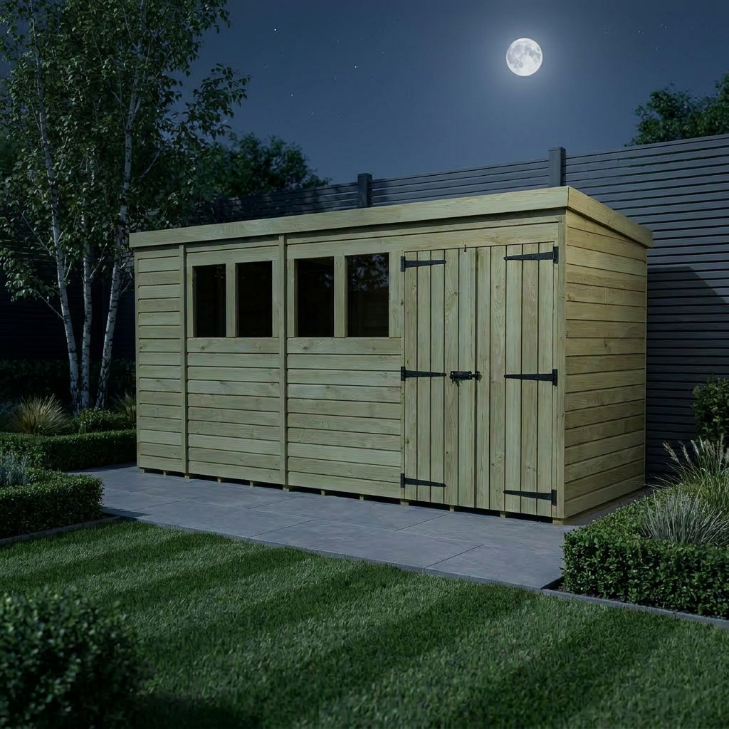15 x 4 Pent Shed (Double Door, With Windows) - view 3