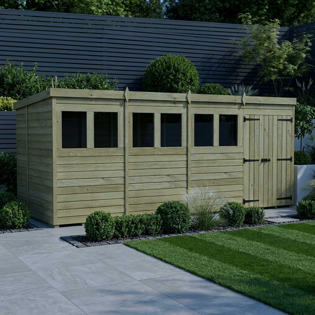 16 x 6 Pent Shed (Double Door, With Windows) - view 2